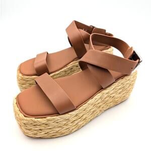 Donna Karan Pure Lalah Ankle Strap Raffia Platform Sandal Brown Size US7M EU37.5